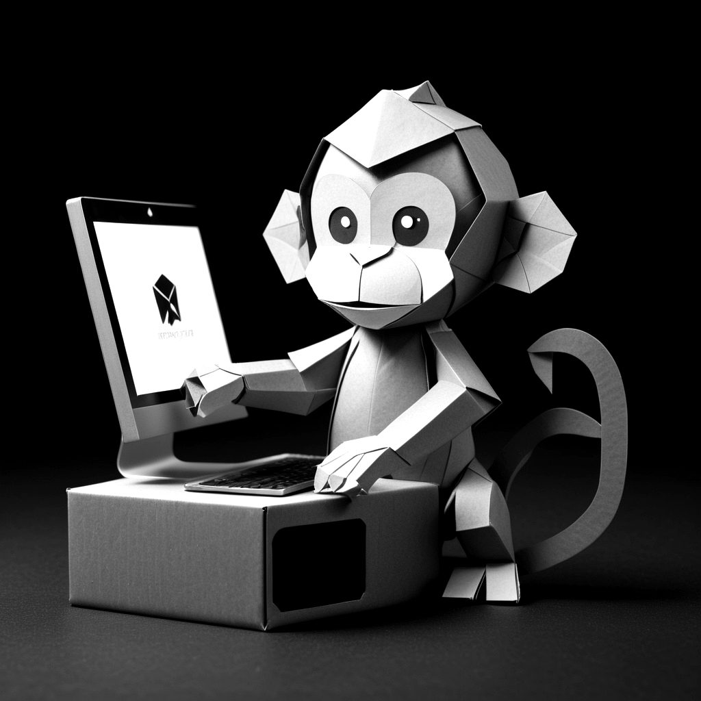 Singe en papier travaillant devant un ordinateur
